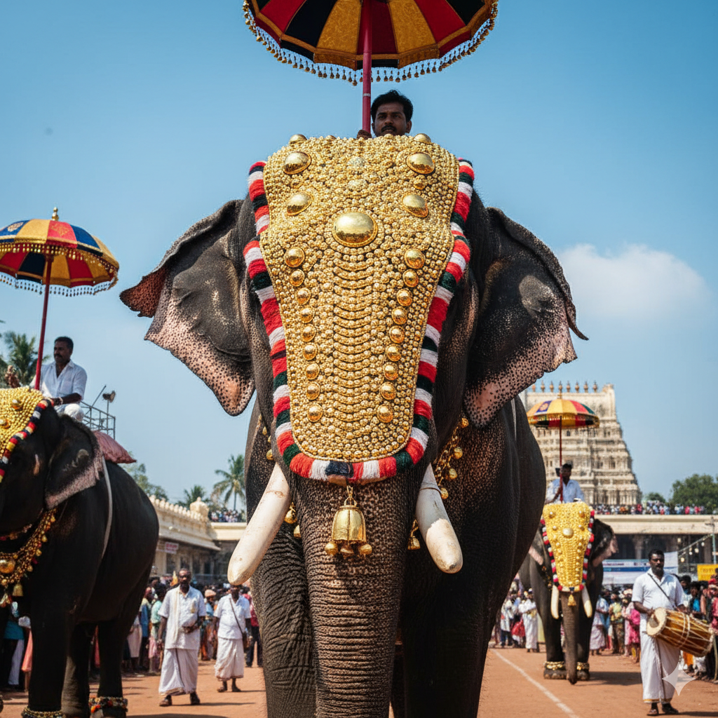Fully adorned Kerala temple elephant wearing a glittering gold Nettipattam caparison at Thrissur Pooram festival
