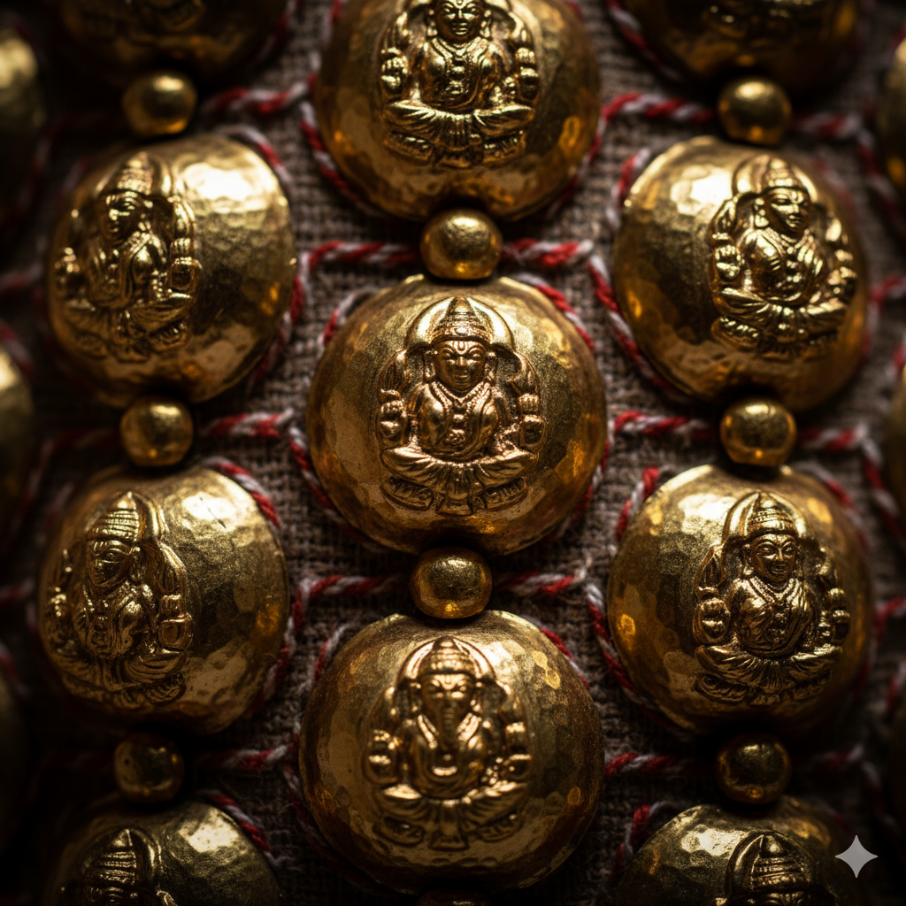 Close-up of the golden medallions and bubbles on a Nettipattam, highlighting the symbolic Trimurti and Lakshmi motifs