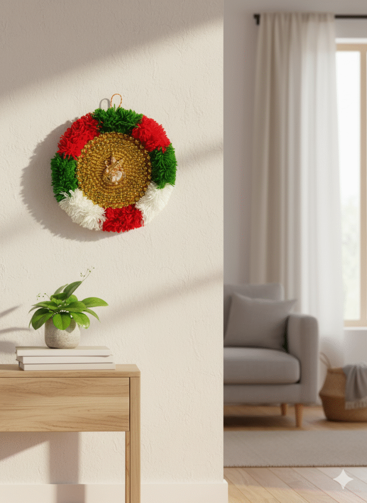 A decorative Nettipattam wall hanging displayed in a modern living room as traditional Kerala home decor