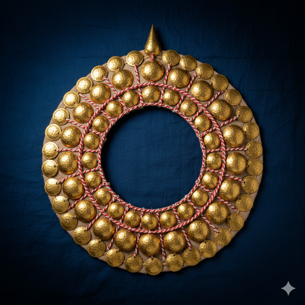Large traditional Nettipattam ornament made of gold-plated copper showing the full semi-circular shape